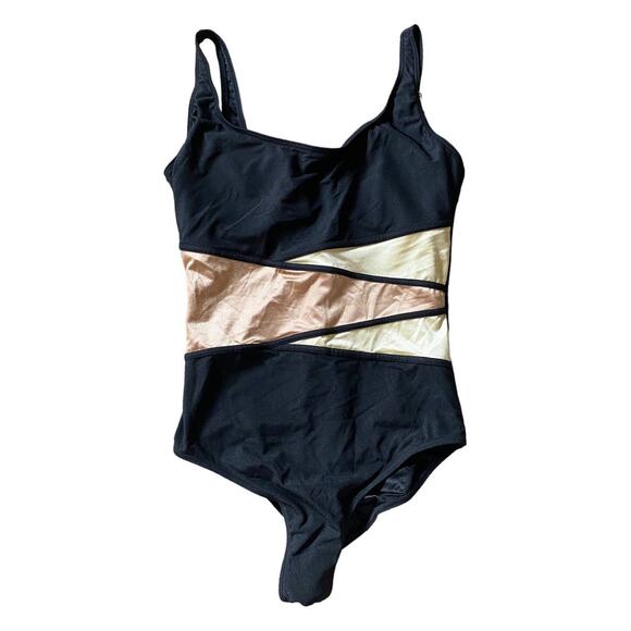 Suit Yourself! One Piece Swimsuit Tummy Thinner Black Gold 28-0673-5 Swim 16 - Picture 1 of 12